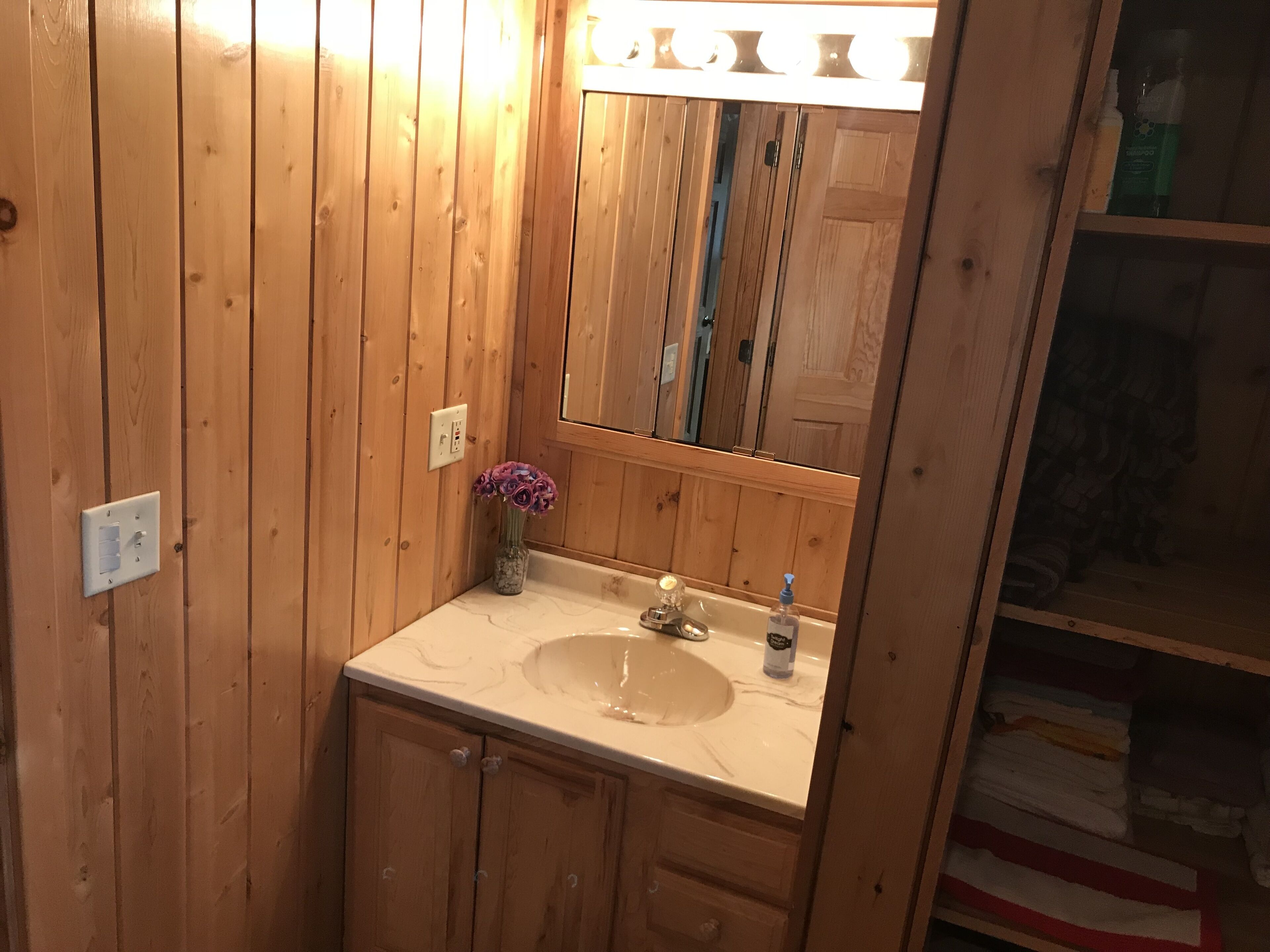 Ein Badezimmer mit Holzvertäfelung, einem weißen Waschbecken, einem Spiegel und einer Vase mit violetten Blumen.