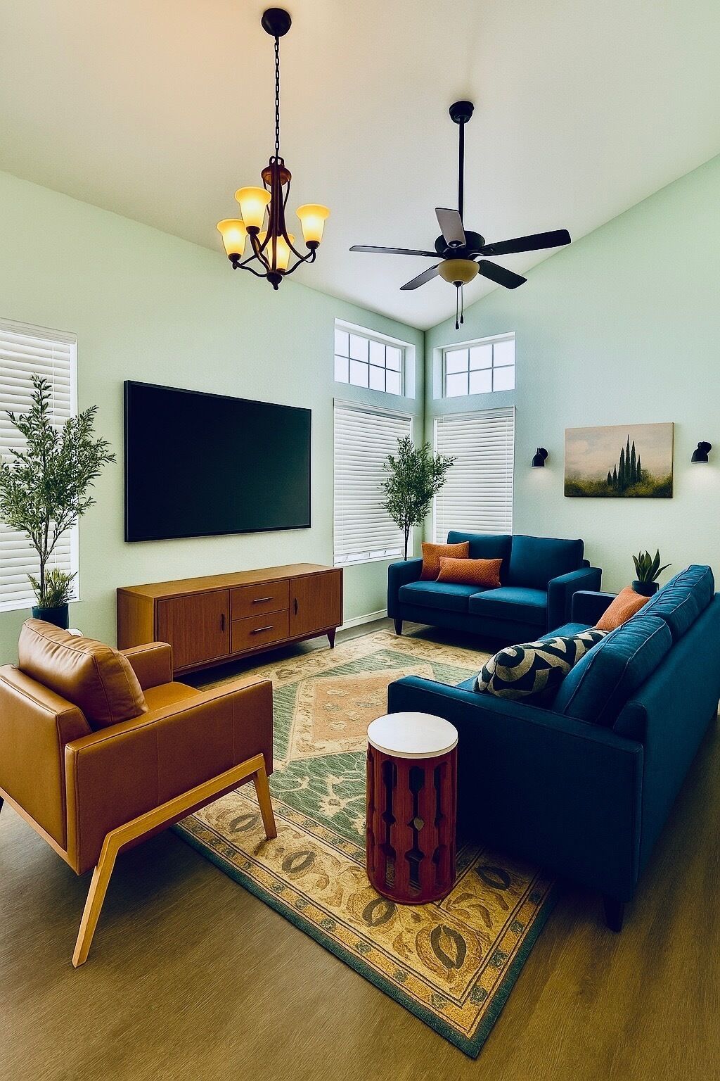 Smart TV, chimenea, reproductor de DVD y libros 