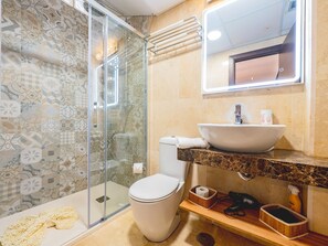 Shower, hair dryer, towels