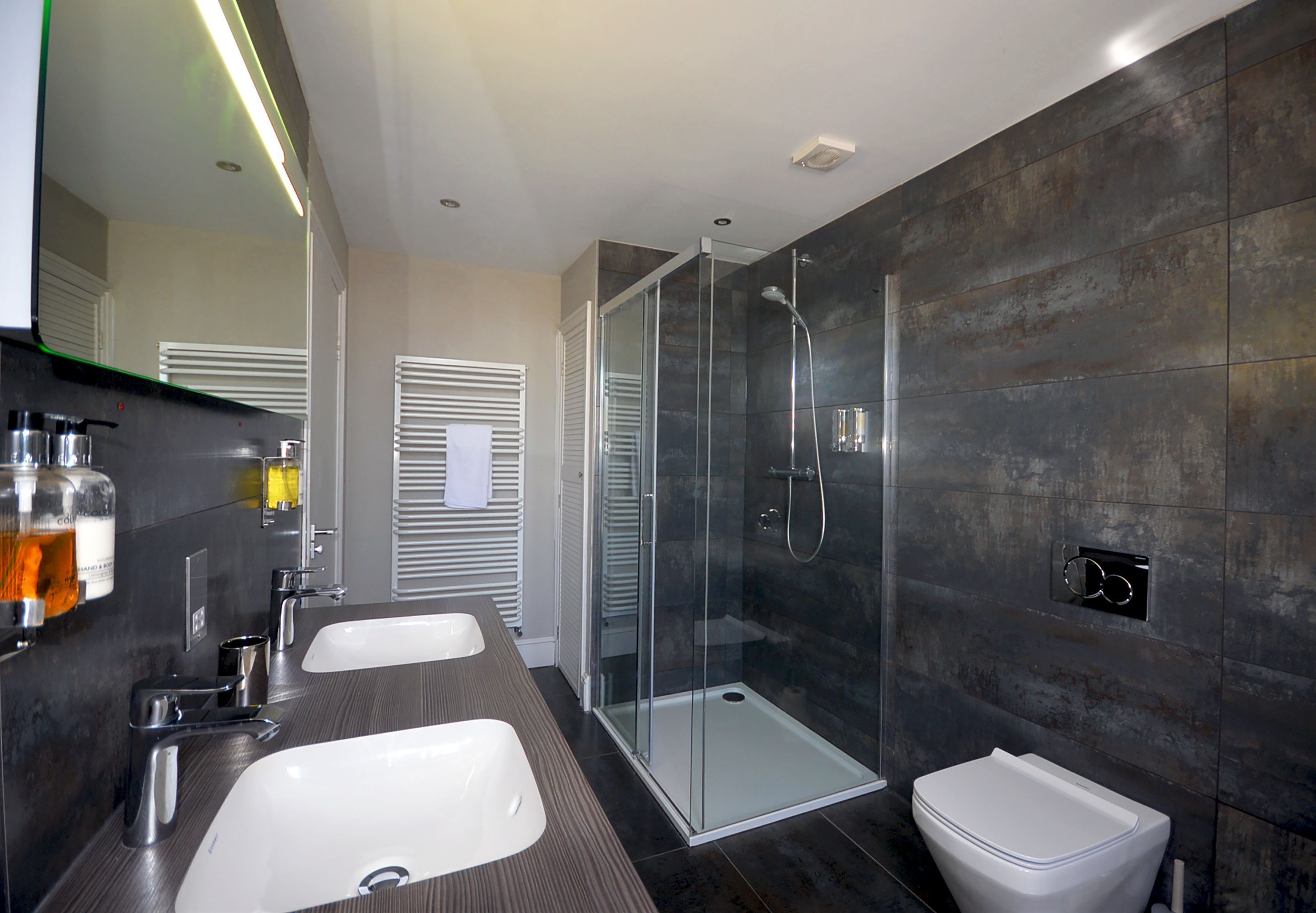 Combined shower/bathtub, hair dryer