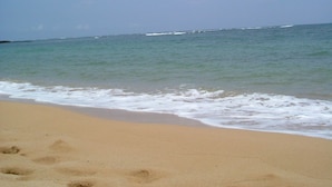 Une plage à l’eau claire et au rivage sablonneux.