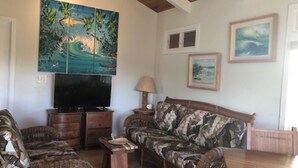 Un salon doté d’un grand téléviseur à écran plat, de meubles en osier et d’œuvres d’art accrochées aux murs.
