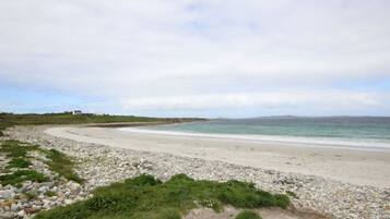 A coastal landscape with a pebble beach, grassy areas, and a distant view of the sea under a cloudy sky.