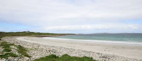 A coastal landscape with a pebble beach, grassy areas, and a distant view of the sea under a cloudy sky.