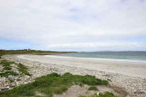 A coastal landscape with a pebble beach, grassy areas, and a distant view of the sea under a cloudy sky.