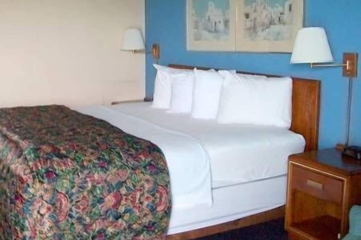 A hotel room with a bed, a nightstand, a lamp, and two wall-mounted pictures.