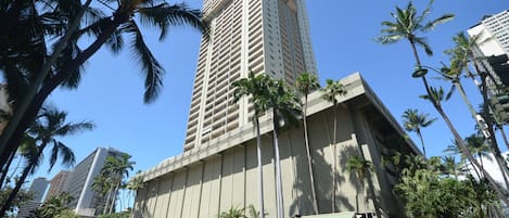 A tall building with a modern design, surrounded by palm trees and a clear blue sky.