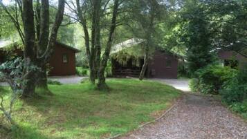 Un sentier de gravier mène à un chalet en bois entouré d’arbres.