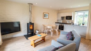 A modern living room with a fireplace, a flat-screen TV, a sofa, and a dining area. - 4* self catering, farm stay cottage. Sleeps 4 (Boscastle)