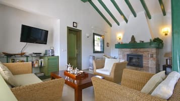 Fernseher, Kamin, DVD-Player, Stereoanlage