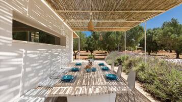 An outdoor dining area with a rustic wooden table, blue plates, and a woven canopy.