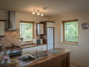 A compact kitchen with a stove, microwave, refrigerator, and a sink. There are wooden cabinets and a window with blinds. - 17 Canons Lane truly is a home away from home (Clifden)