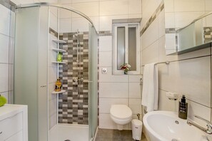 Shower, hair dryer, towels