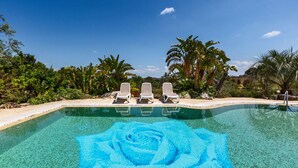 A clear blue pool with a rose mosaic, surrounded by lounge chairs and tropical vegetation.
