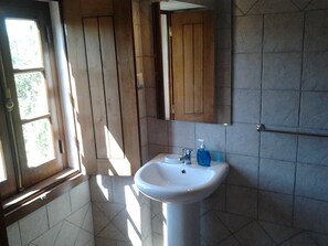 Combined shower/tub, hair dryer, towels