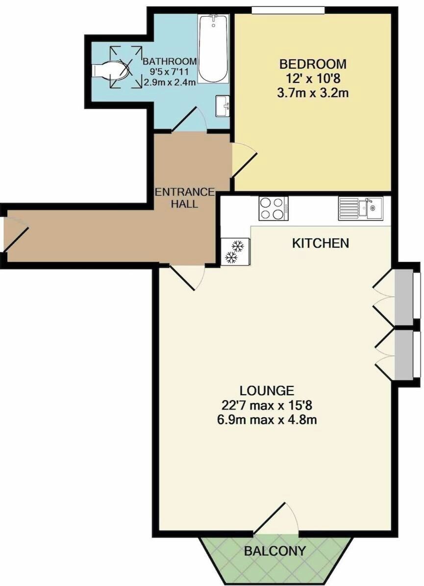 A floor plan of a flat with a bedroom, bathroom, kitchen, lounge, entrance hall, and balcony.
