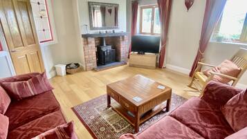 Smart TV, fireplace, DVD player, books