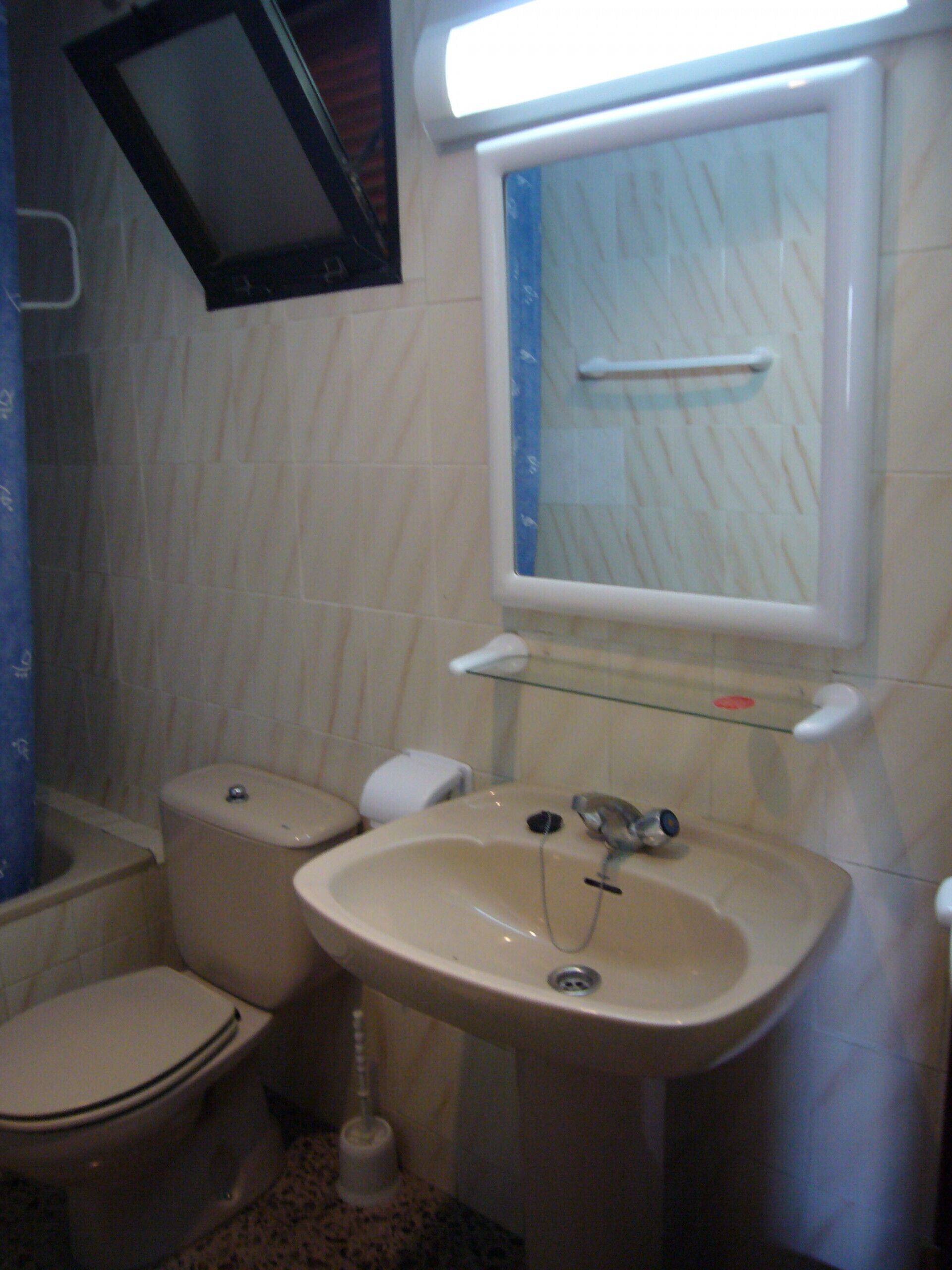 Une salle de bain avec des toilettes, un lavabo et un miroir.