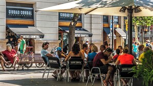 Terrasse d’un restaurant avec tables et chaises, un arbre et un bâtiment avec une enseigne.