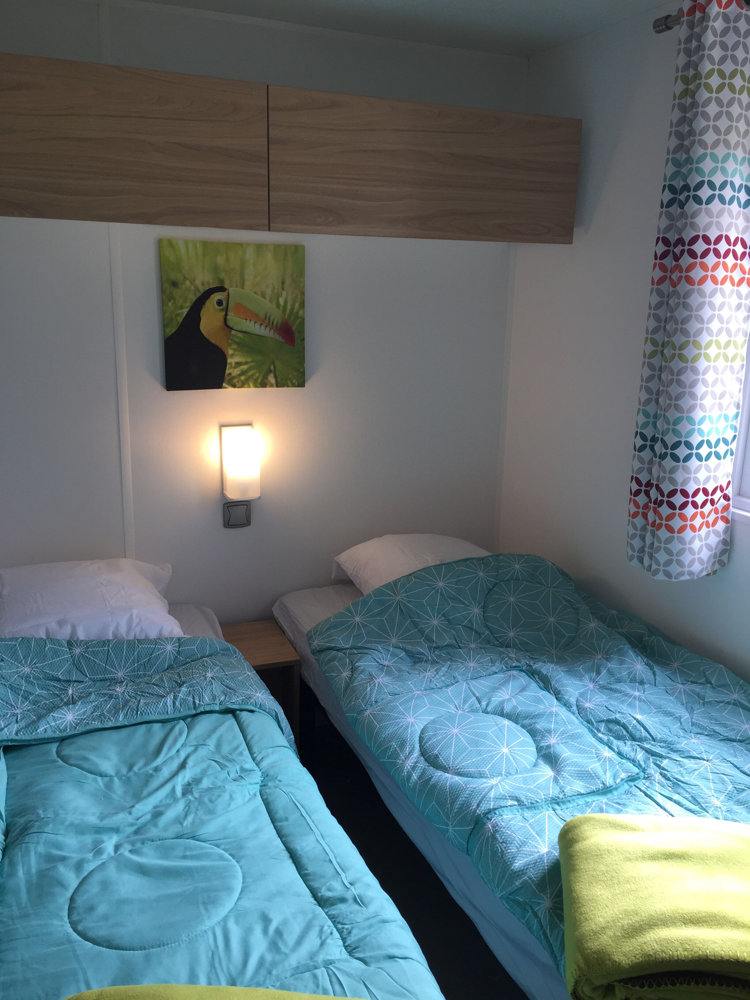 A room with two single beds, a wall-mounted light, a painting of a toucan, and a patterned curtain.