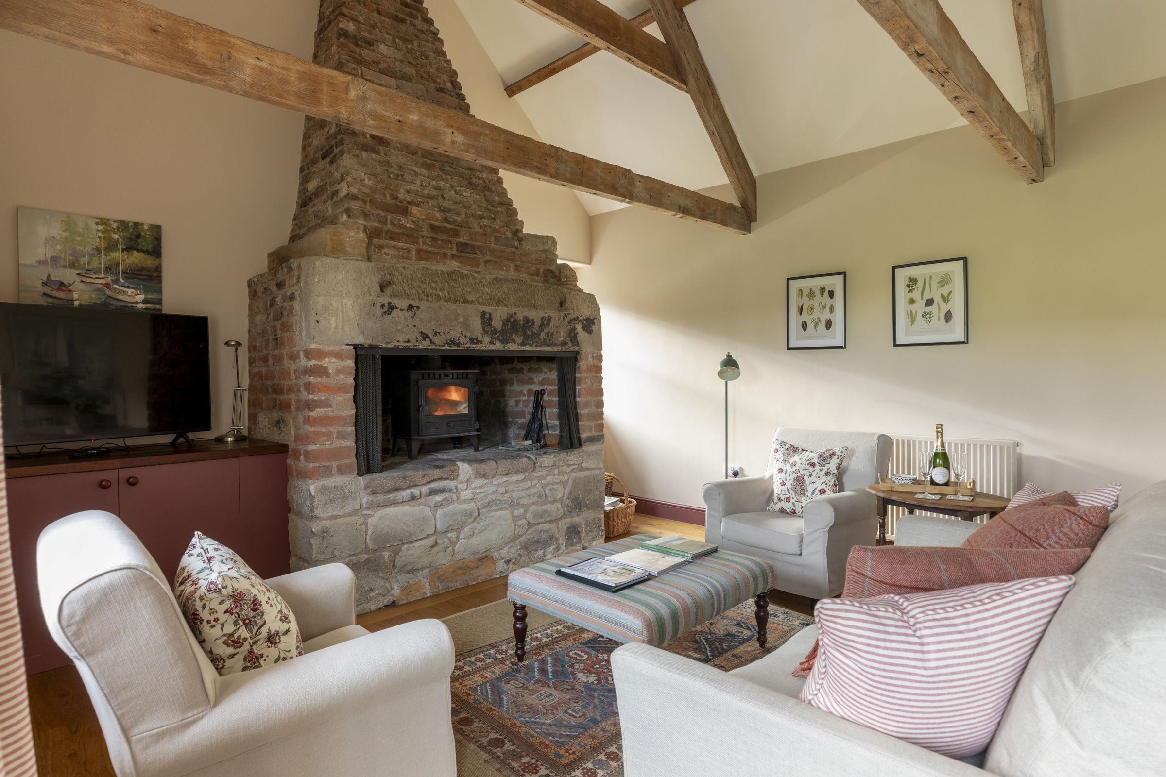 Smart-TV, peis, DVD-spiller og bøker