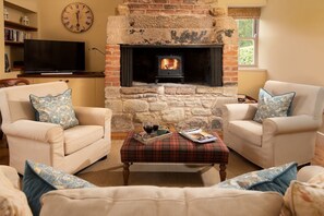 Smart TV, fireplace, DVD player, books