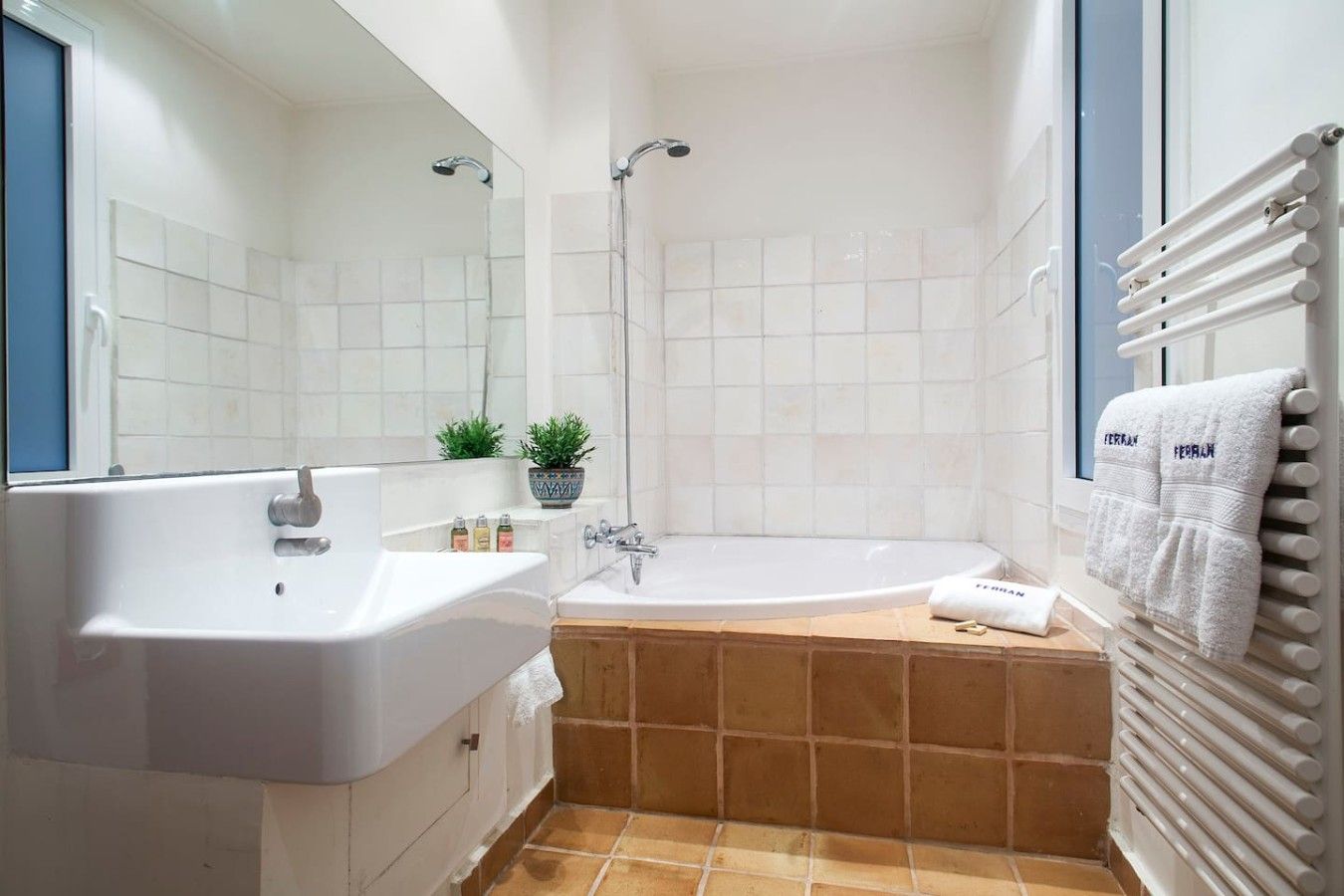 A bathroom with a bathtub, a sink, a mirror, a towel rack, and a potted plant.