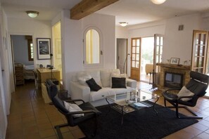 Télévision, cheminée, lecteur de DVD, chaîne hi-fi