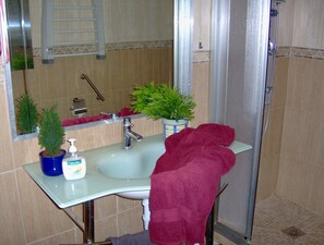 Dusj, hårføner og håndklær