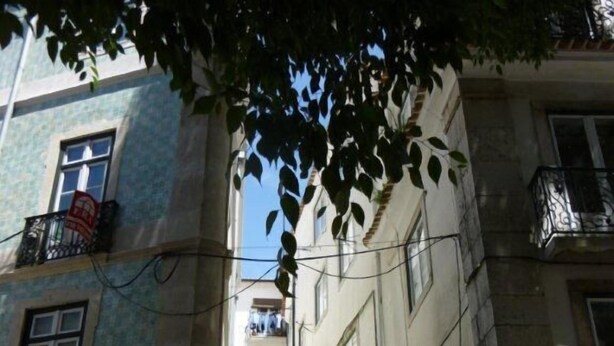 Una calle estrecha con una escalera que conduce a un edificio. Hay coches estacionados en la calle, y el edificio tiene varias ventanas y balcones.