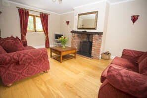 TV, fireplace, DVD player, books