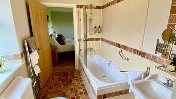 Combined shower/bathtub, hair dryer