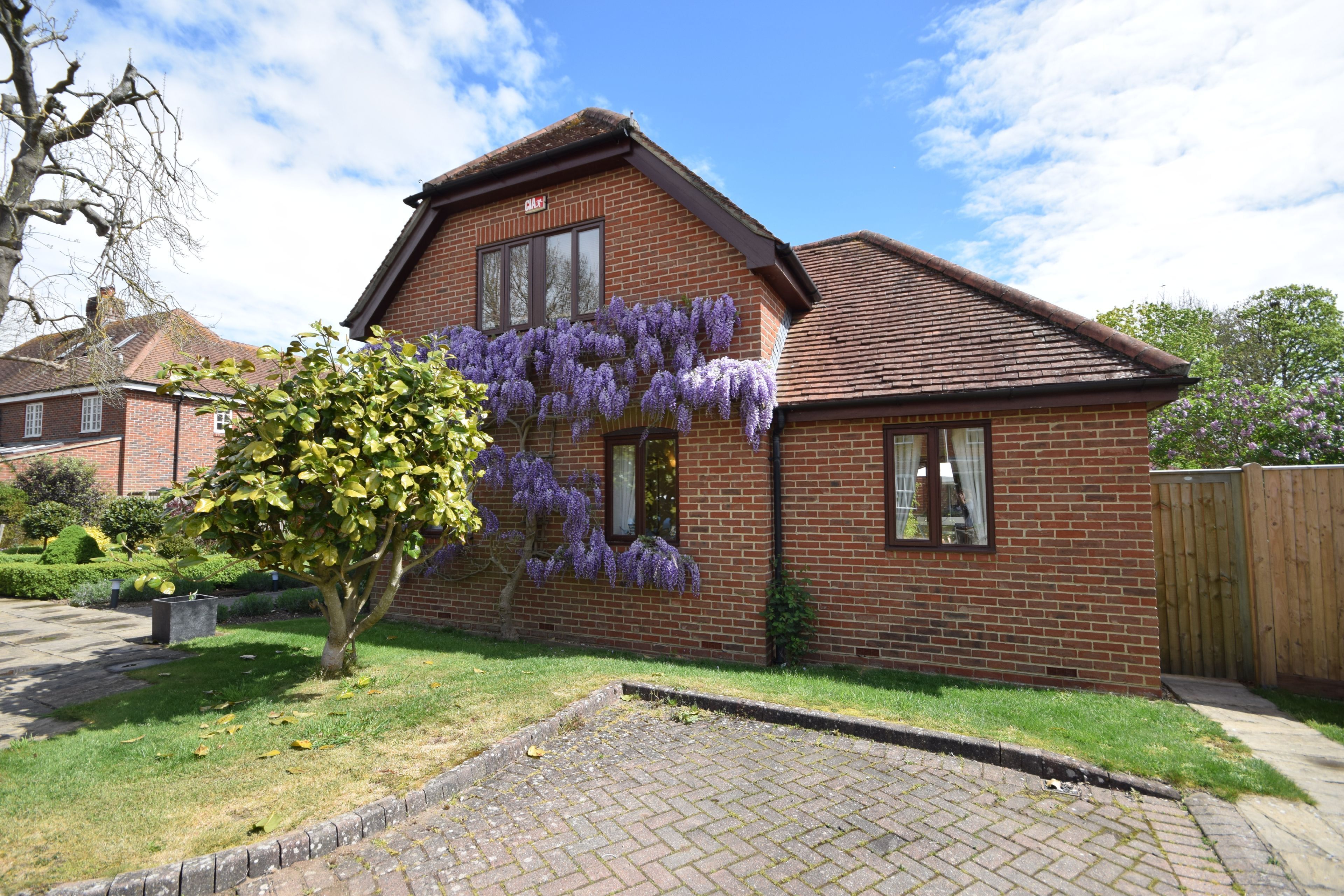 A brick house with purple flowering vines on the side, a paved driveway, and a wooden fence in the background.