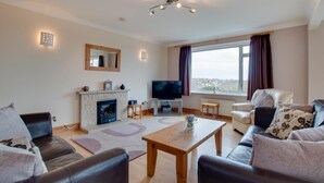 A modern living room with a fireplace, a television, leather sofas, and a large window with curtains. - 4 Bed in Appledore (oc-tidal) (Appledore)