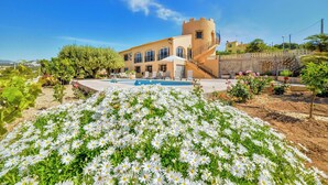 Un bâtiment doté d’une piscine, entouré d’un jardin où poussent des fleurs blanches.