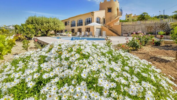 A Mediterranean-style villa with a pool, surrounded by a garden of white flowers, and a stone wall in the background. - Villa Puchero - PlusHolidays (Calpe)
