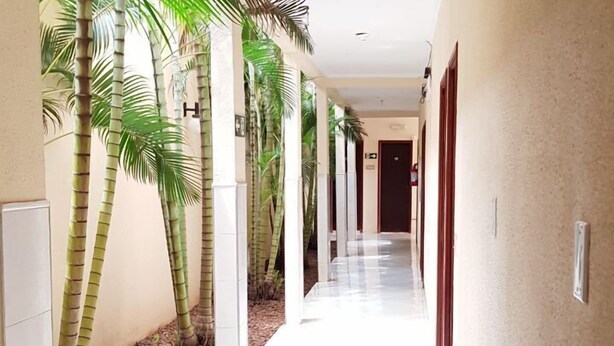 A corridor with white tiled floors, beige walls, and palm trees. - Hotel Premier (Campo Grande)