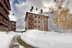 A snow-covered building with a stone facade and wooden balconies, surrounded by trees and a snow-covered landscape. - Val de Ruda Luxe 27 by FeelFree Rentals (Baqueira)