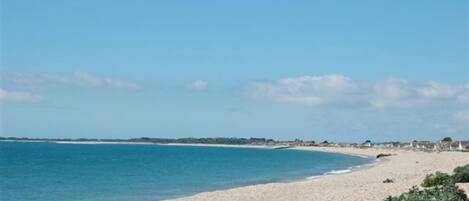 Une plage de galets, sous un ciel bleu et dégagé.