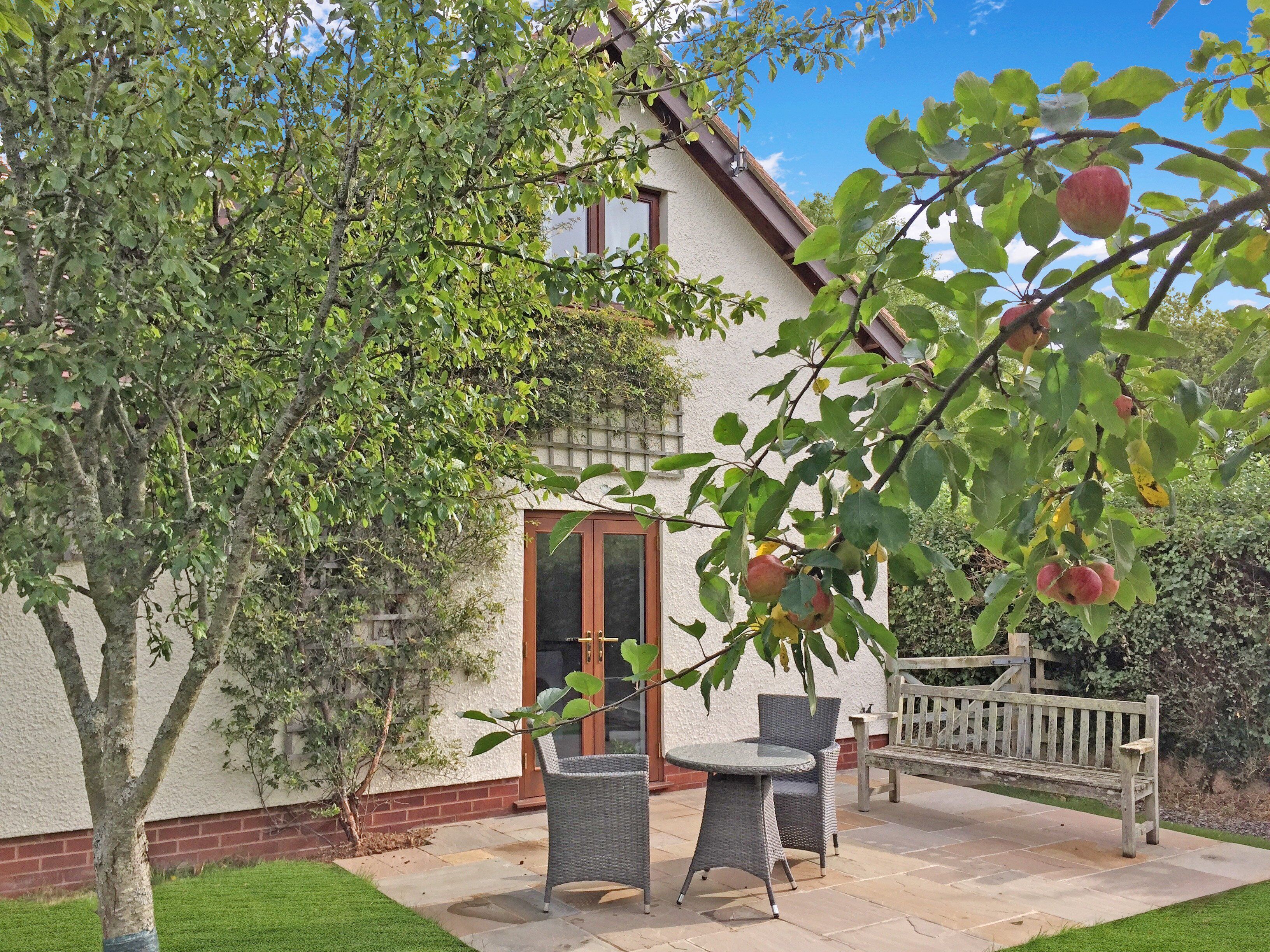 A house with a patio, a tree with apples, and a bench.