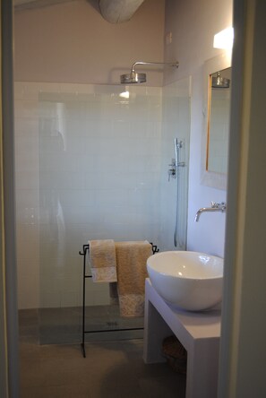 Combined shower/tub, hair dryer, bidet, towels