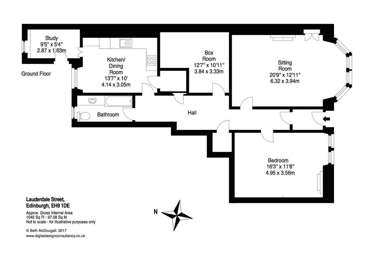 Un plan d’étage d’une maison comprenant un bureau, une cuisine/salle à manger, une pièce de rangement, un salon, une salle de bain, un hall et une chambre.