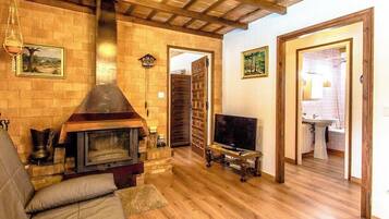 Een televisie en een open haard