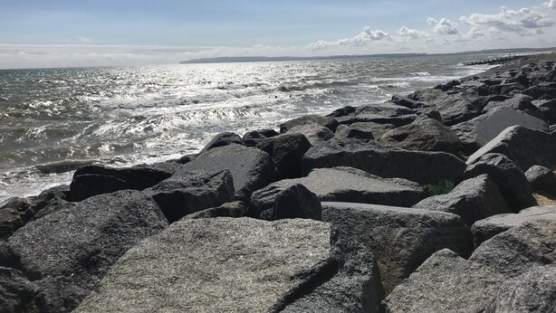 Una costa rocosa con olas rompiendo contra las rocas.