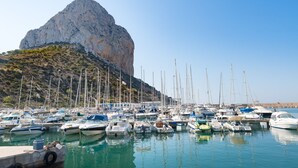 Un port de plaisance où sont amarrés de nombreux bateaux, une colline rocheuse en arrière-plan et un ciel dégagé.