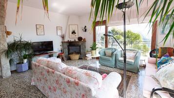 Een televisie, een open haard en een tafeltennistafel