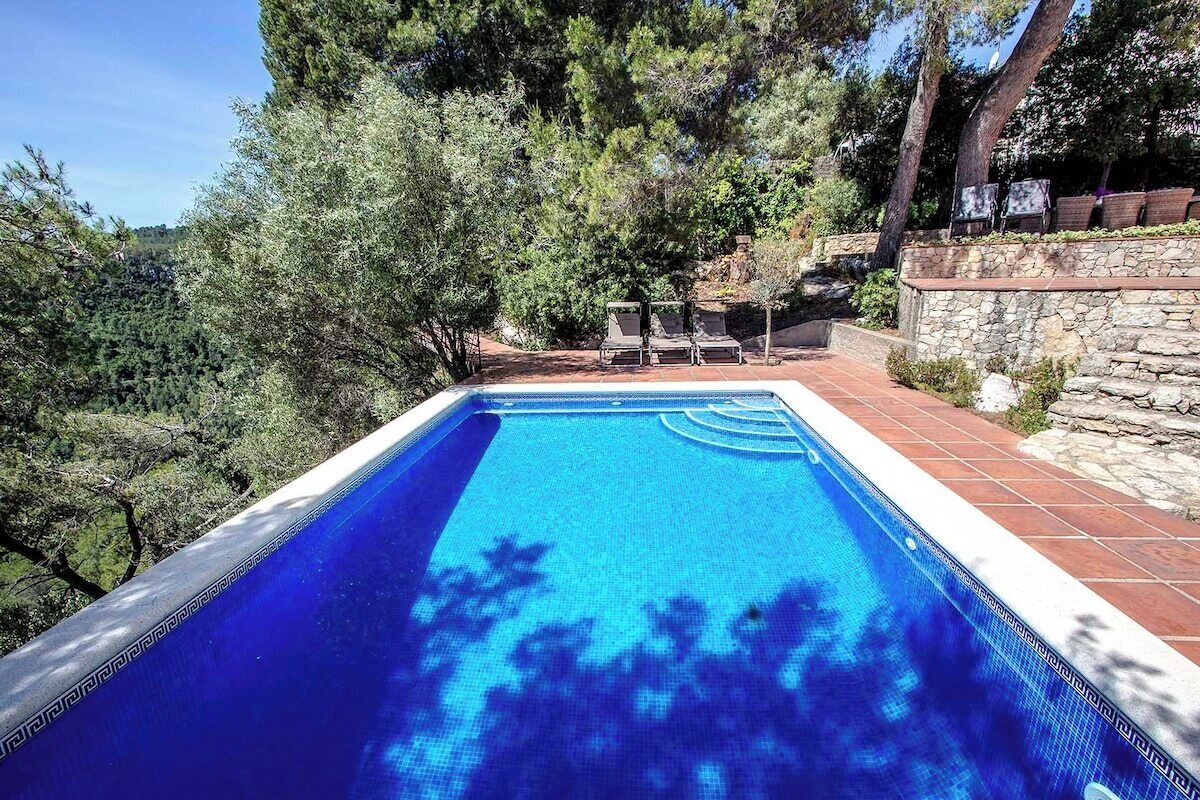 Une piscine rectangulaire bordée de carreaux, entourée d’un mur de pierre et d’une végétation luxuriante.