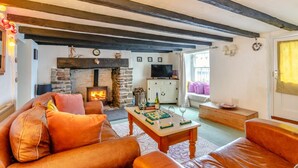 A cozy living room with a stone fireplace, a sofa, a coffee table, and a television. - 2 Bed in Appledore (oc-drum) (Appledore)