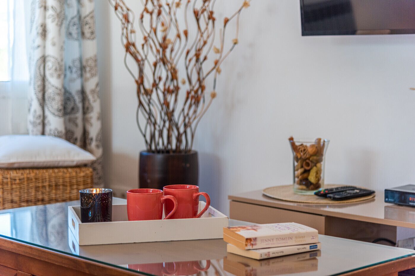 A living room with a glass coffee table, a bookshelf, a vase with dried branches, and a television mounted on the wall.