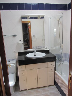 Combined shower/bathtub, hair dryer, bidet, towels